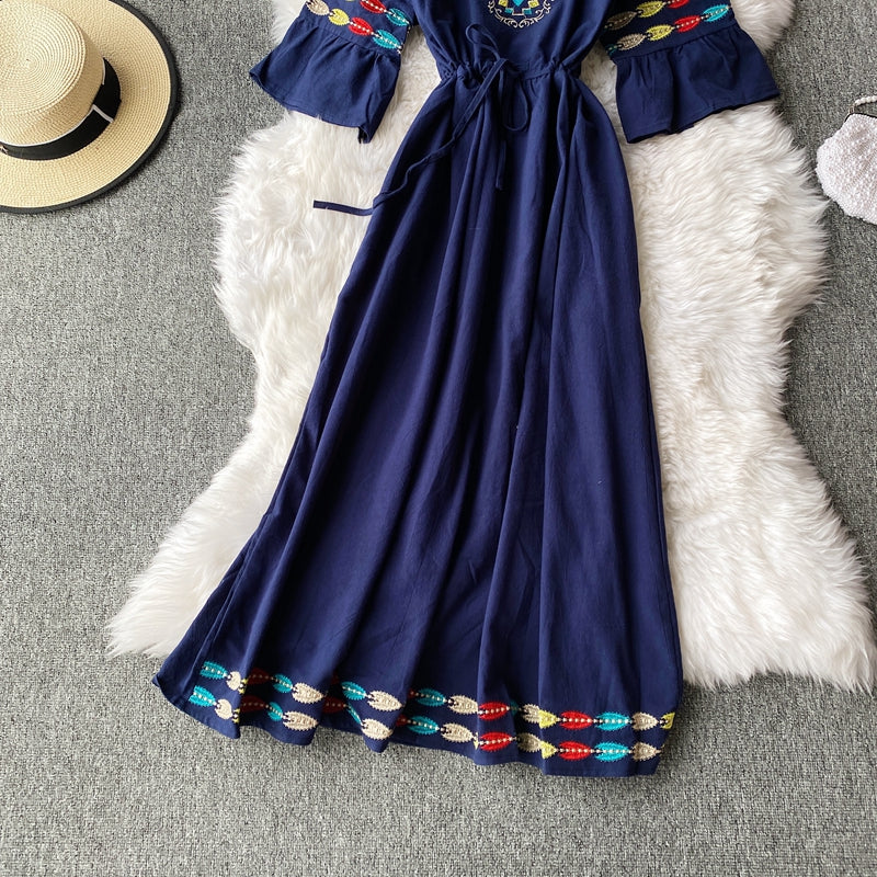 Embroidered trumpet sleeve V-neck waist cotton hemp loose holiday dress  2948