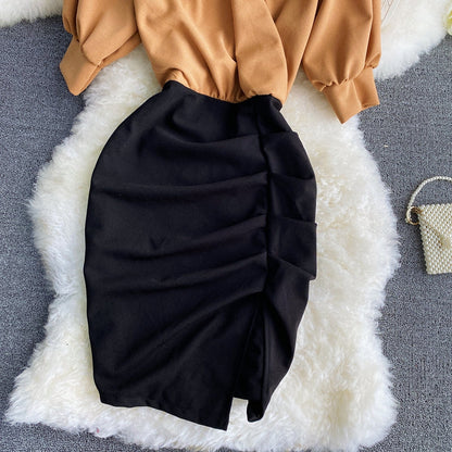 Pleated waist with thin design and color blocking dress  3421