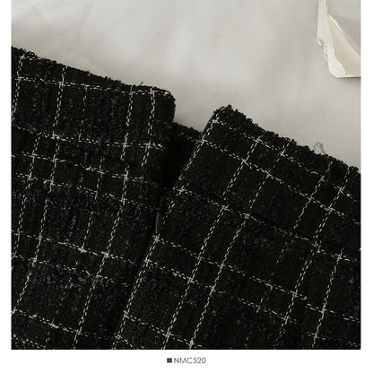 Hong Kong Style Vintage tweed Plaid high waist slim A-shaped wrap hip skirt  2622