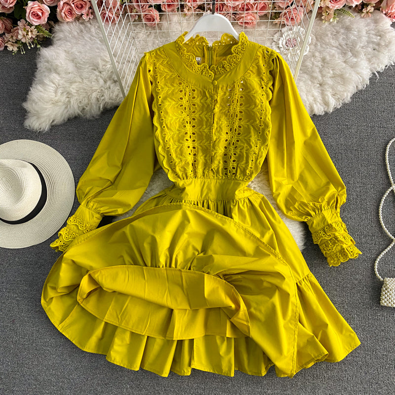 Vintage Lace lace up fungus edge Lantern Sleeve Dress  3180