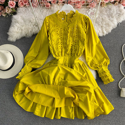 Vintage Lace lace up fungus edge Lantern Sleeve Dress  3180