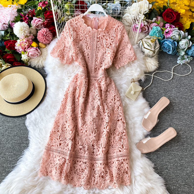 New over knee white lace dress sweet fairy skirt short sleeve long skirt  3136