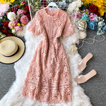 New over knee white lace dress sweet fairy skirt short sleeve long skirt  3136