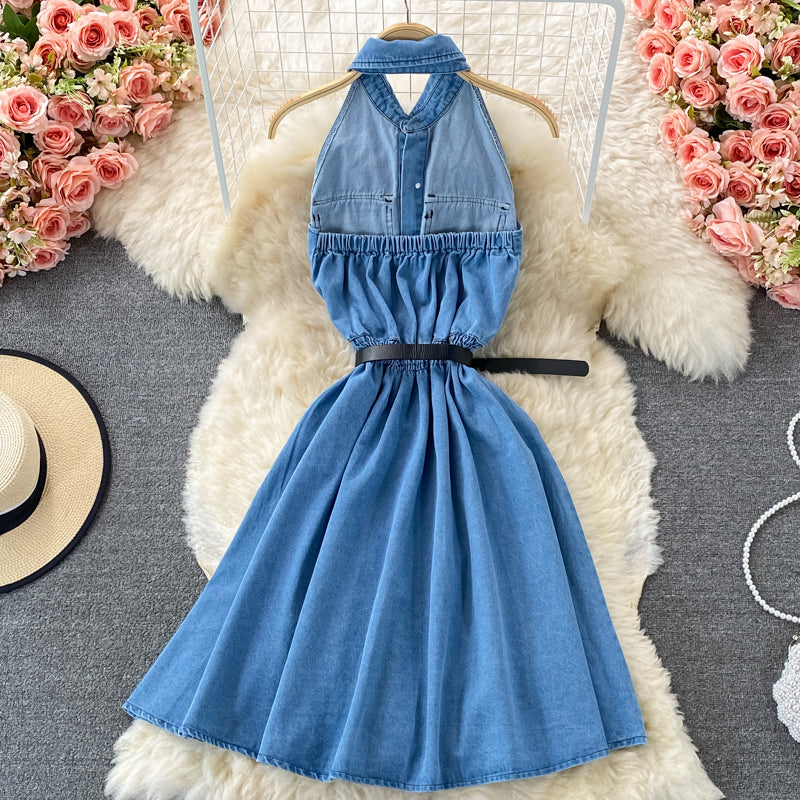 Sleeveless denim medium length open back Lapel dress  3213