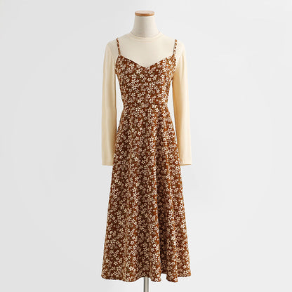 Floral skirt corduroy suspender dress women's two-piece suit  2177