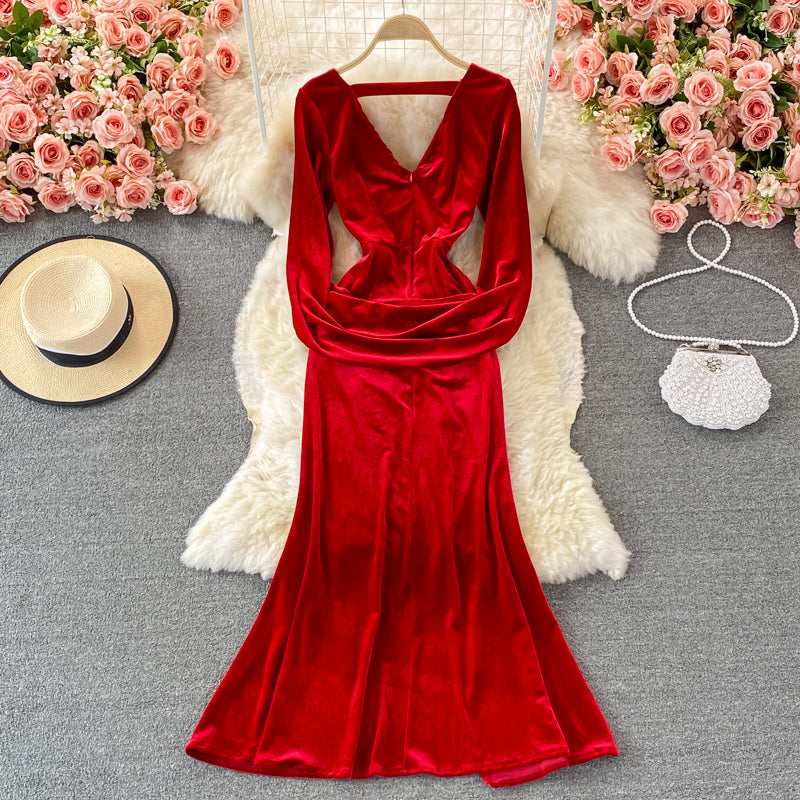 Temperament deep V-neck split buttock velvet dress  3240
