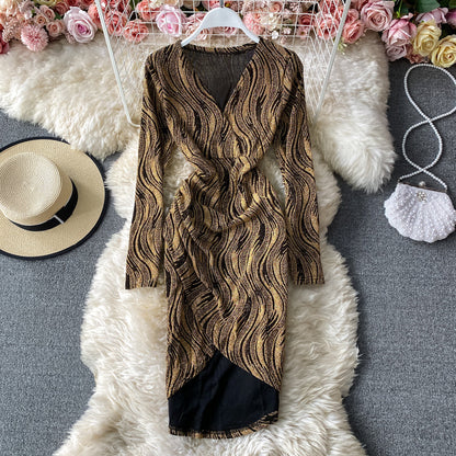 V-Neck long sleeve dress slim bottomed Hip Wrap Skirt  3151