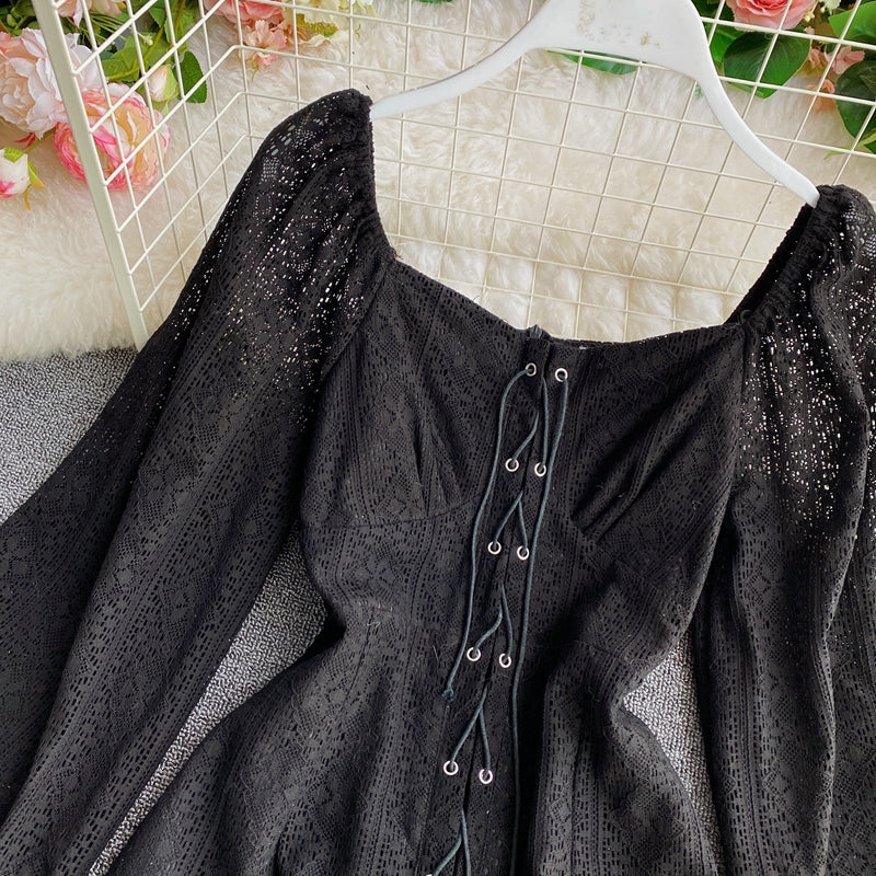 Long sleeved Square Neck Lace Dress with lantern sleeves at the waist  3155