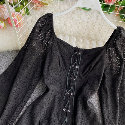 Long sleeved Square Neck Lace Dress with lantern sleeves at the waist  3155