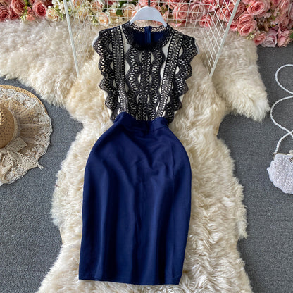 Lace Panel contrast slim wrap hip dress  2892