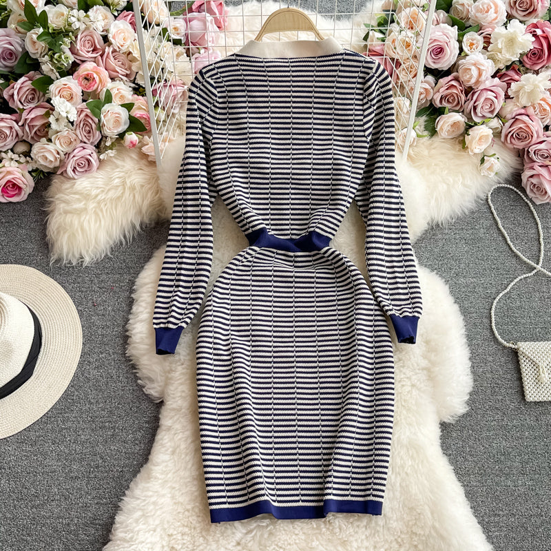 Small fragrance bow A-shaped elastic tight knit dress  3256