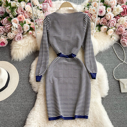 Small fragrance bow A-shaped elastic tight knit dress  3256