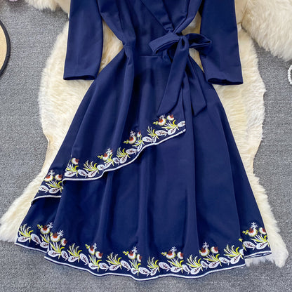 Temperament V-neck lace up skirt Ruffle embroidered dress  3250