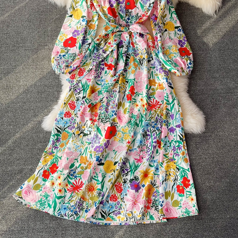 Stand collar bubble sleeve fashion printed waist length skirt  3191