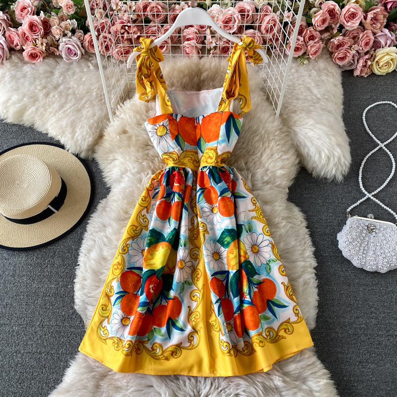 Bow tie strap suspender skirt sweet print age reduction dress  3302