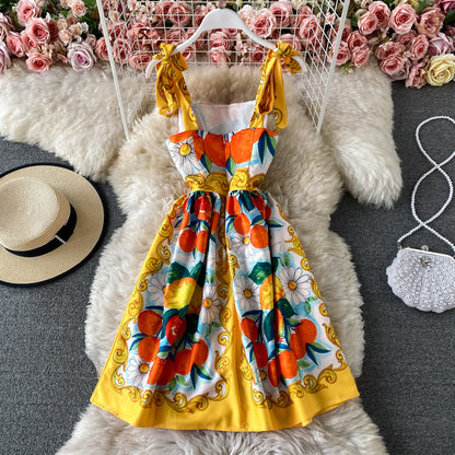 Bow tie strap suspender skirt sweet print age reduction dress  3302