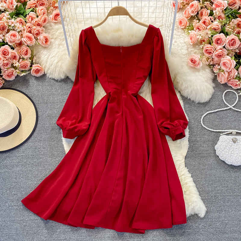 High waist Thin Red Square Neck Dress  3255