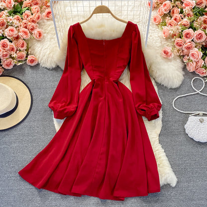 High waist Thin Red Square Neck Dress  3255