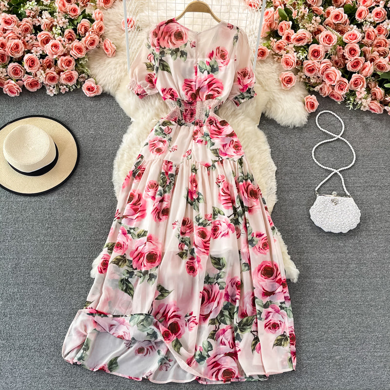 V-neck rose print dress elegant dress  3082