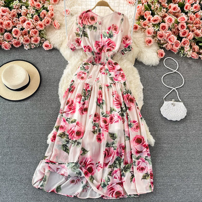 V-neck rose print dress elegant dress  3082