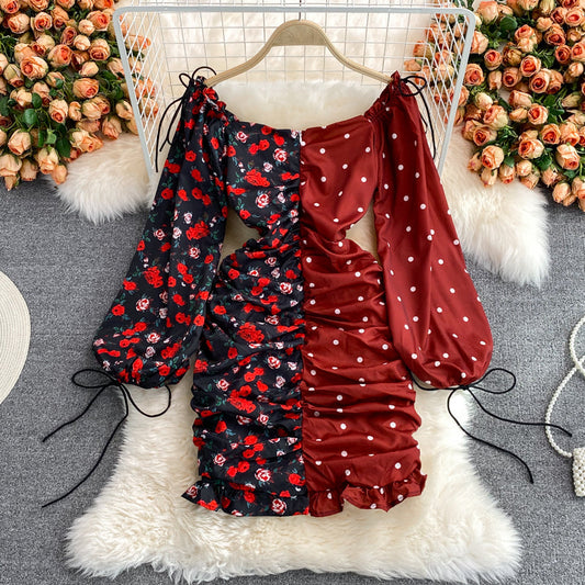 Color wave dot floral dress skirt Hip Wrap Dress  2904