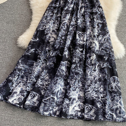 Knee length Vintage Printed Dress with waist cut and long skirt  3223