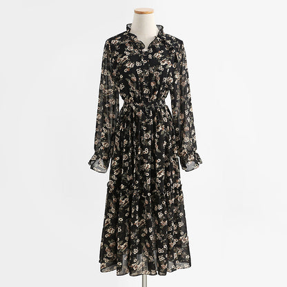 Temperament: slim waist, long sleeved chiffon dress with backing  2214