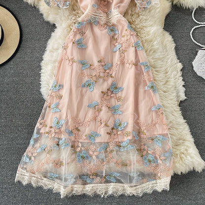Mesh embroidery butterfly round neck short sleeve waist closing slim dress  2968