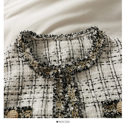 Tweed Plaid loose top women's autumn round neck long sleeve bright silk wool coat  2090