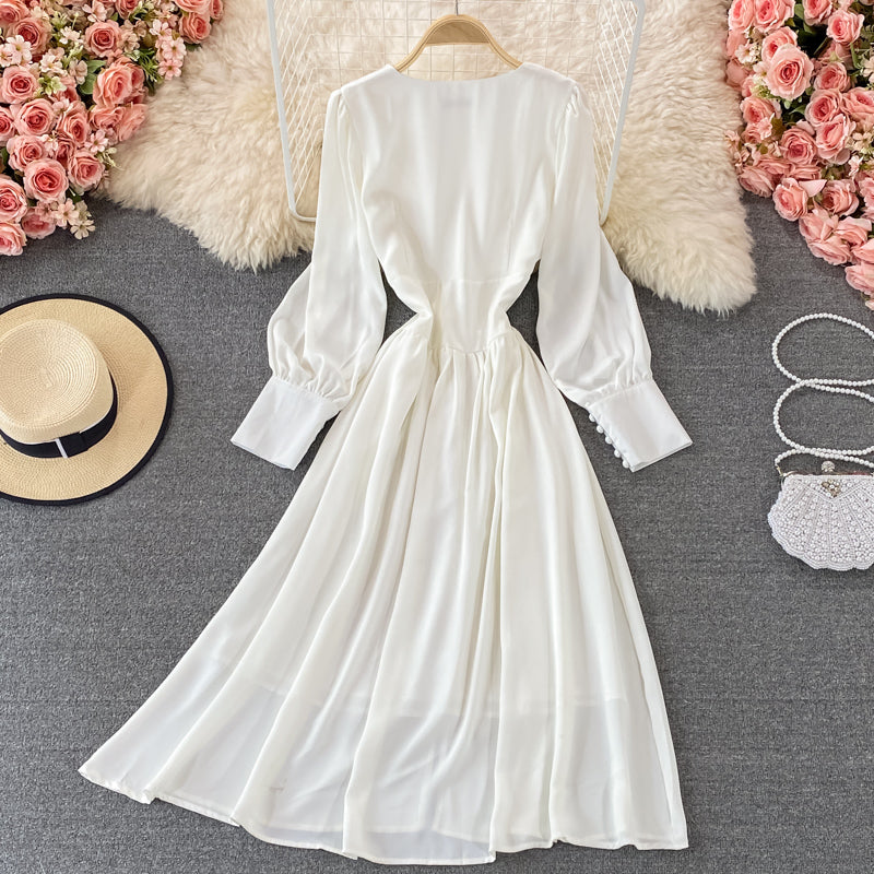 Single breasted waistband slim bubble sleeve dress long skirt  3334