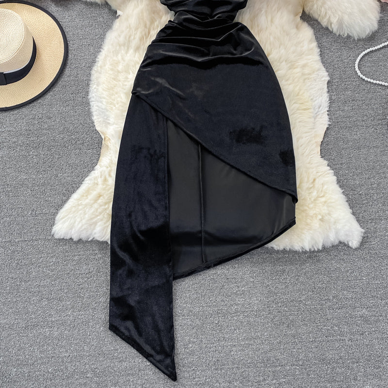 Suspender skirt female slim irregular velvet dress  2834