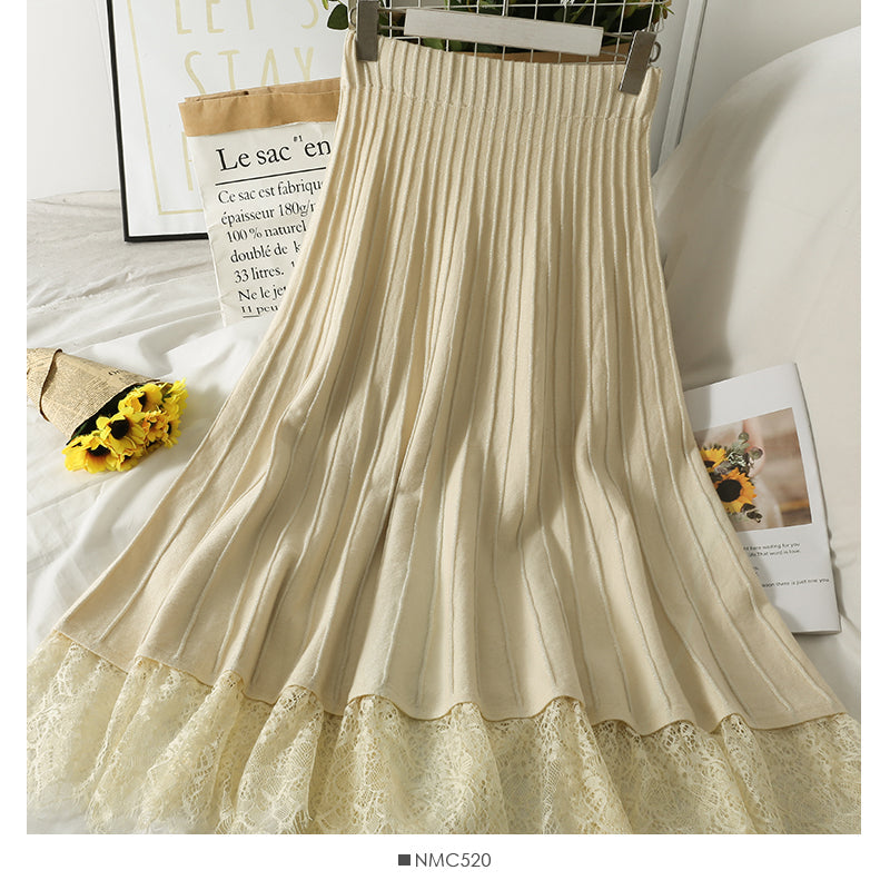 New lace stitched vertical stripe elastic waist slim skirt  2626