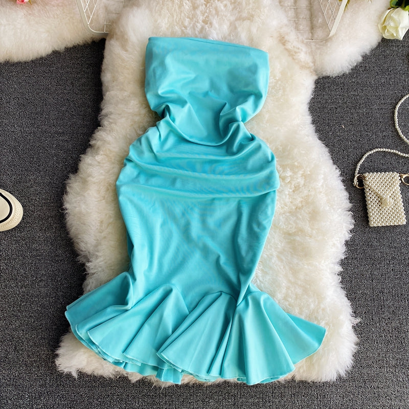Light mature style sexy one shoulder strapless dress  3035