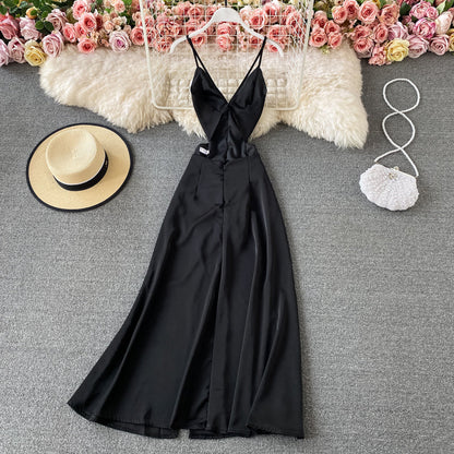 Open back sleeveless waist slim dress slim elegant suspender dress  3307