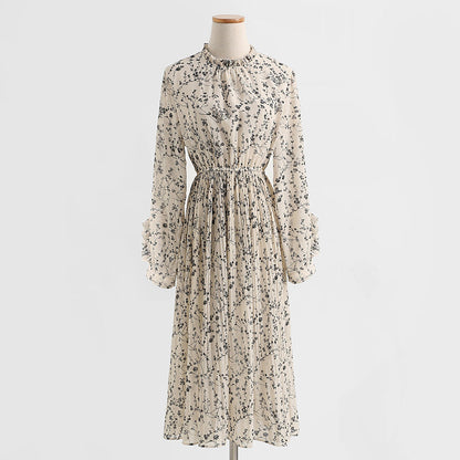 Chiffon pleated skirt, fungus floral dress, slim dress, lady dress  2432