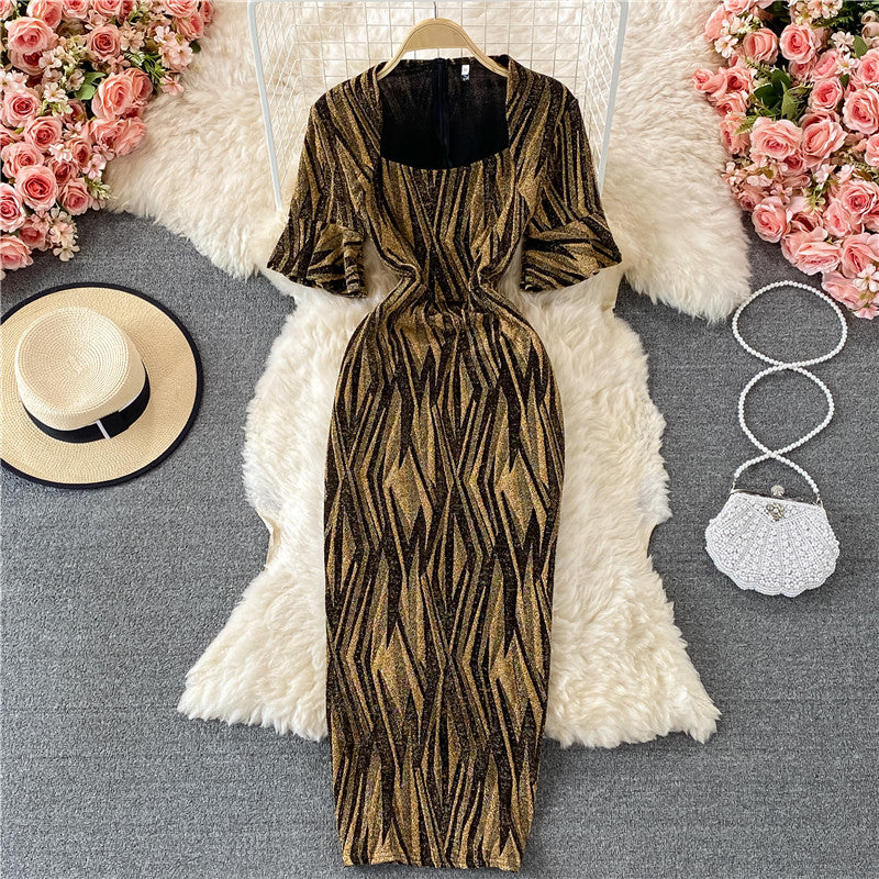 Temperament square collar bright silk slim fit split hip dress  3338