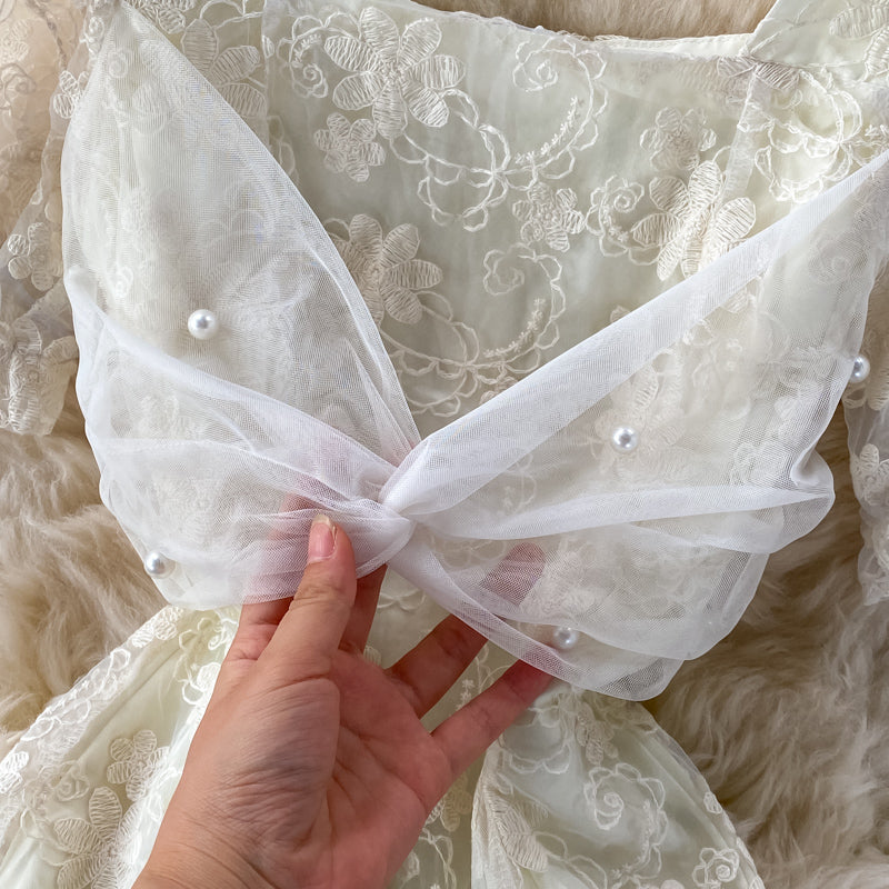 Temperament mesh stitched fairy skirt bubble sleeve dress  3332