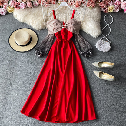 Sexy suspender skirt French off shoulder swing dress  2932