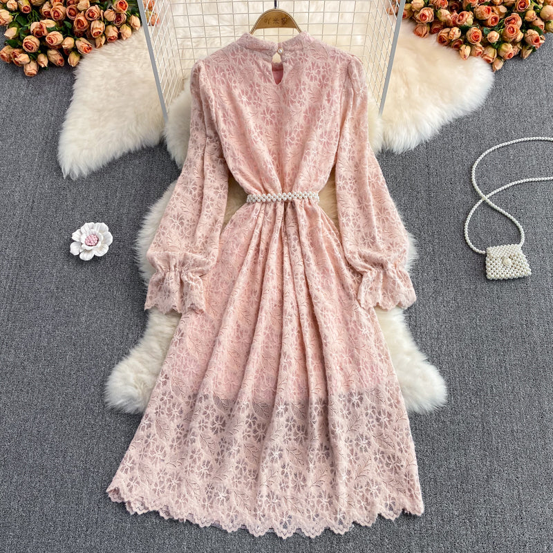 Stand collar backing brushed lace dress  3022