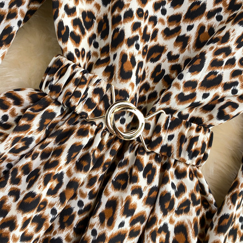 Ruffled round neck long sleeve Leopard Dress  3375