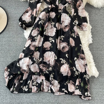 Slim waist and slim temperament French Vintage Chiffon Dress  3198