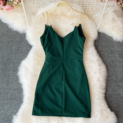 Slim wrap hip skirt low chest V-neck dress  2767