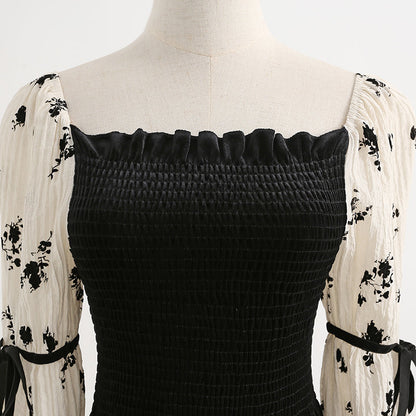 Floral dress long sleeves show thin temperament velvet skirt long skirt  2190