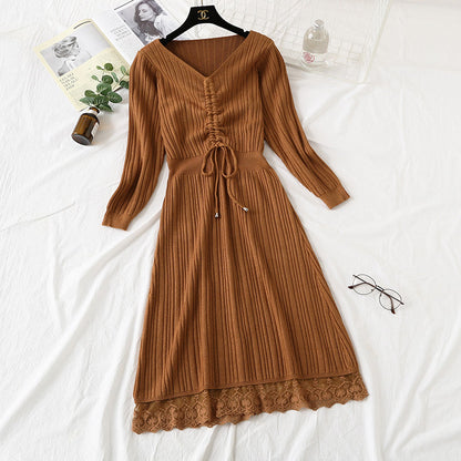 New knitted dress long sleeve lace up pleated Lace Panel bottomed skirt  2454