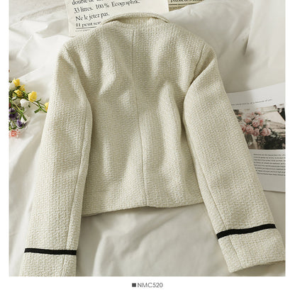 Striped tweed Lapel Blazer women's versatile single breasted long sleeved coat  2094