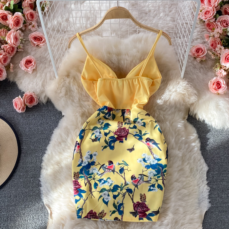 V-neck open back waist print stitching short Hip Wrap Dress  2833