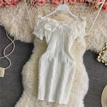 Retro sweet waist closed thin off shoulder backless dress  2851