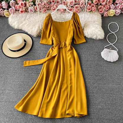French square neck bubble sleeve lace up waist slim backless dress  3170
