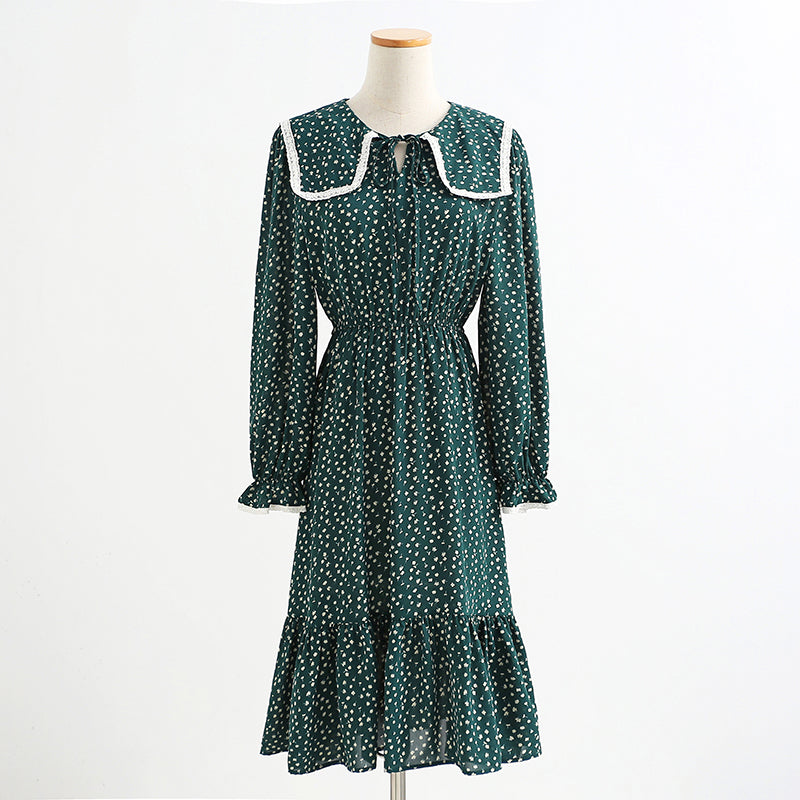 New autumn retro waist slim doll collar coffee floral skirt lace up skirt  2328