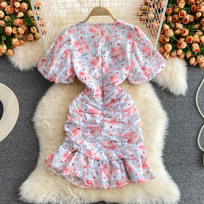 Gentle wind floral V-neck fishtail wrap hip Chiffon Dress  3346